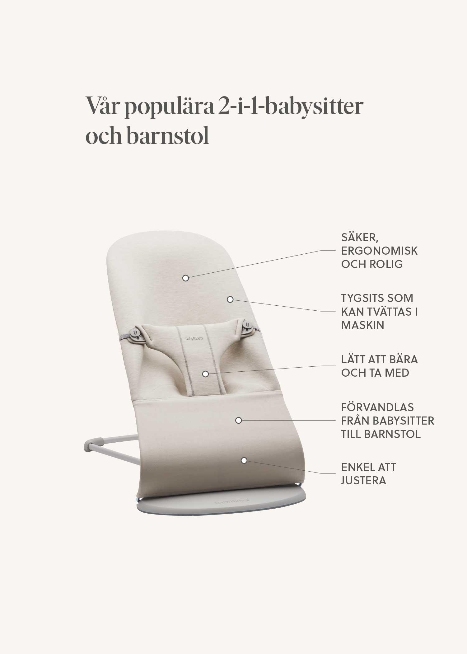 A versatile 2-in-1 baby bouncer and chair, featuring ergonomic design, washable fabric, easy portability, and simple adjustments. Text in Swedish.
