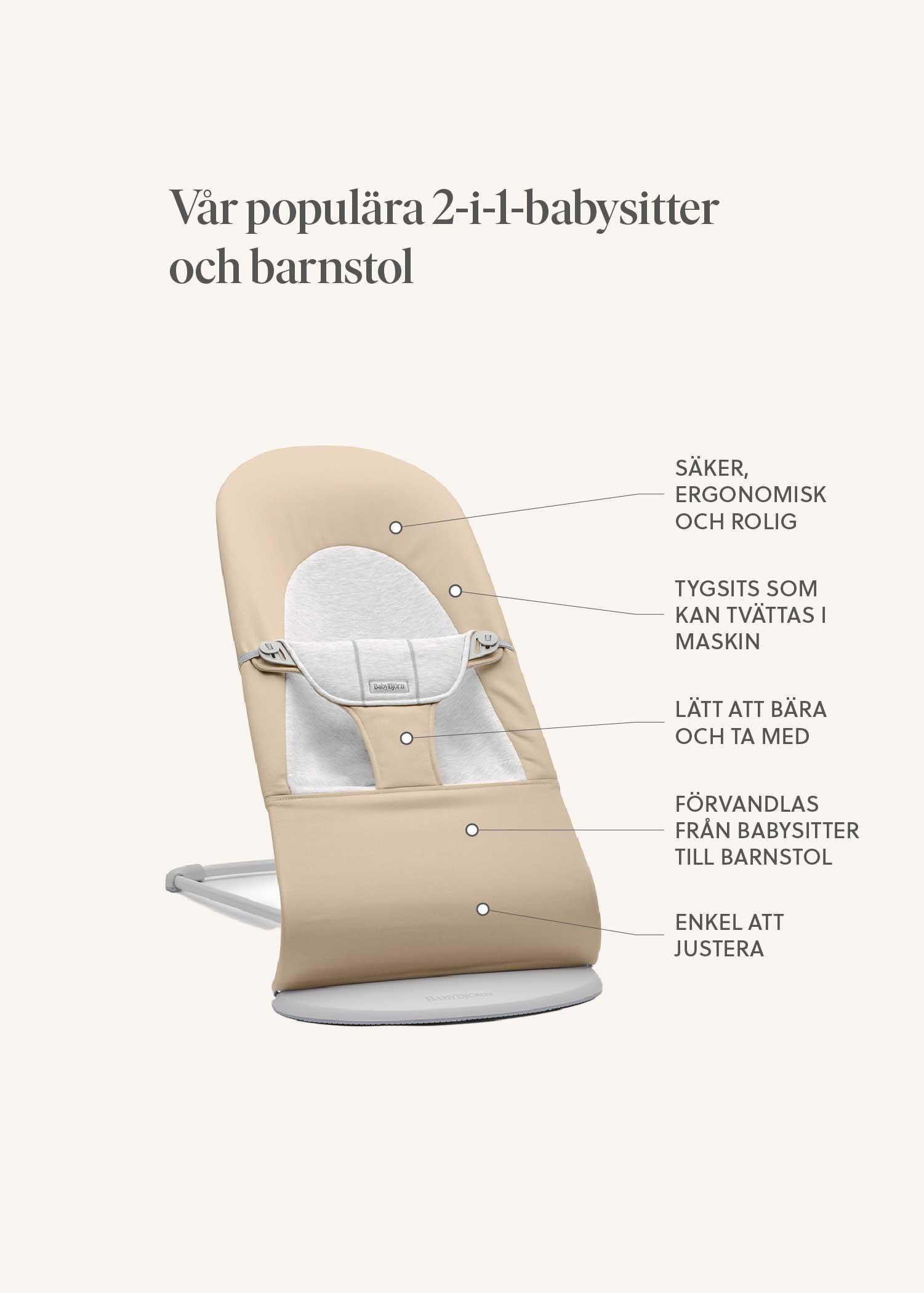 Beige and white 2-in-1 baby bouncer and high chair with adjustable features and washable fabric, described in Swedish text.